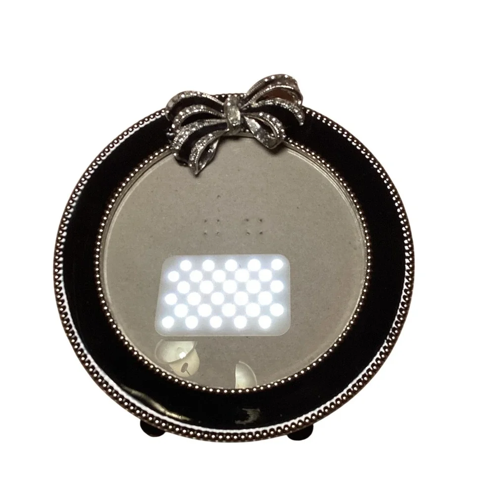 Round Black Enamel Picture Frame with Rhinestone Bow Accent Silver Beaded Trim